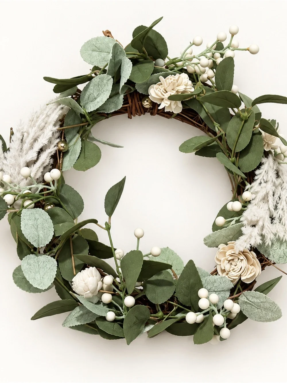 Winter Holiday Green and Cream Botanical Wreath - Unbranded